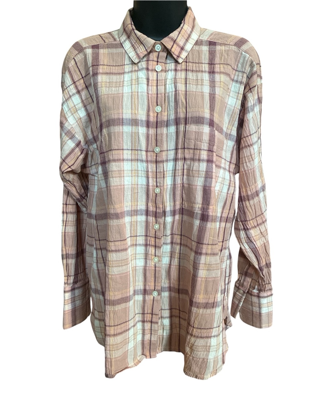 LOFT multicolor plaid woven button down top in pink & tan. Size Small.
